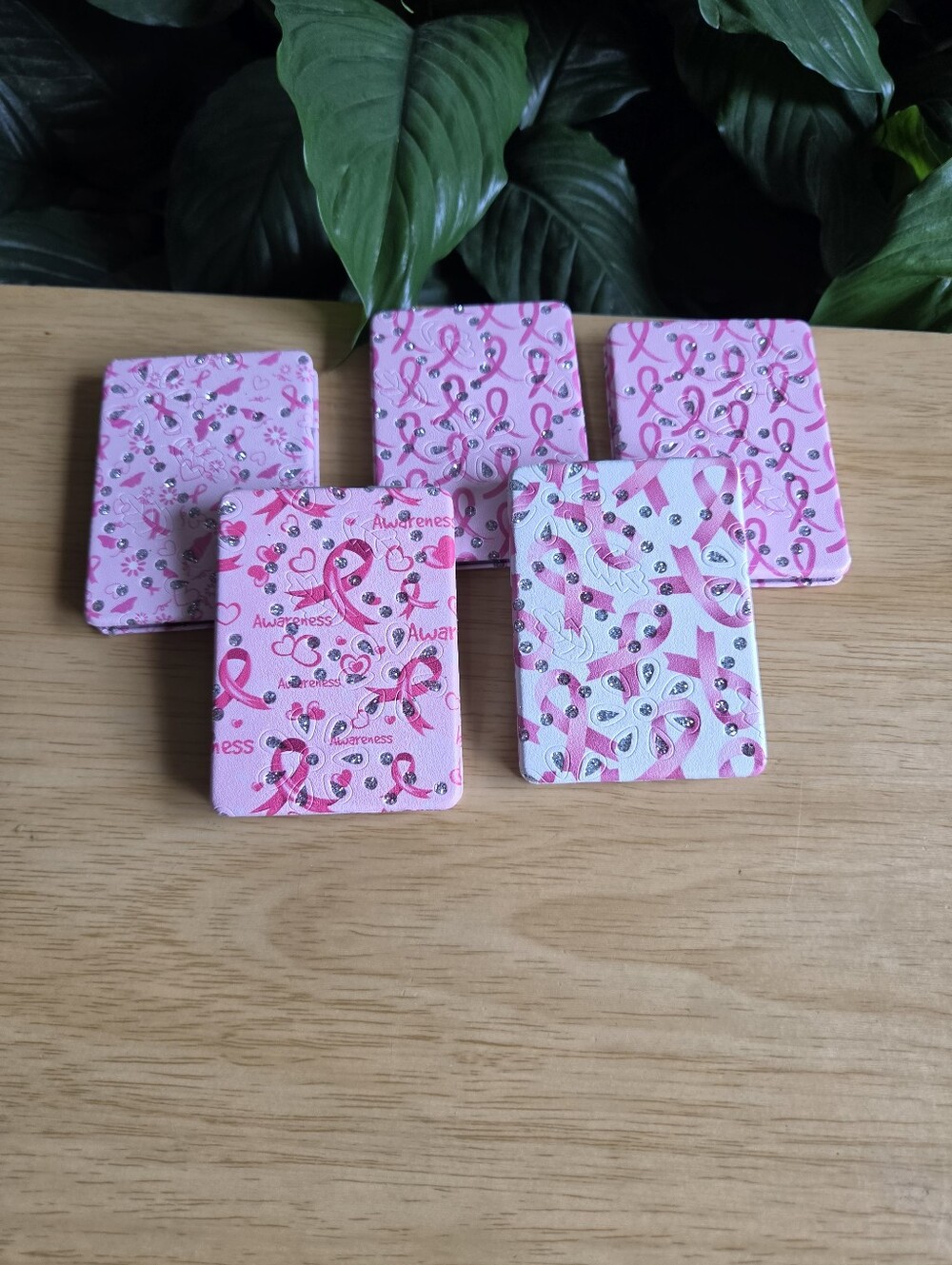 Pink Compact Mirrors Set Of 5 With Breast Cancer Awareness Logo